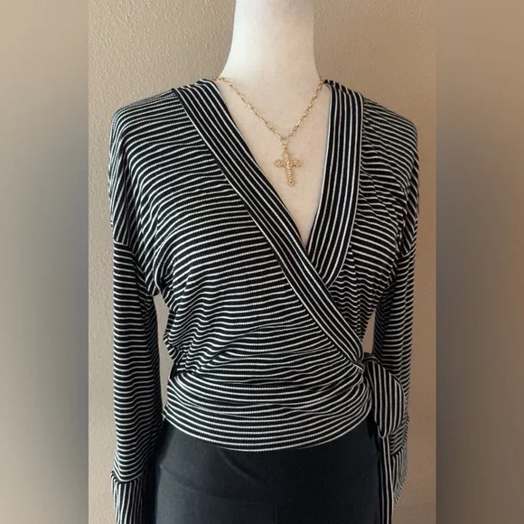 Striped wrap around long sleeve top - Picture 3 of 5